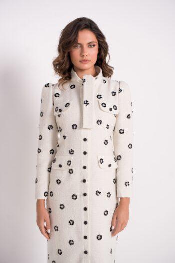 Robe ivoire fleurs col haut avec boutons ÉCAILLE PARIS
