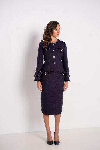 Valt="veste jupe bouclette violette modèle Frange ÉCAILLE Paris vue face"