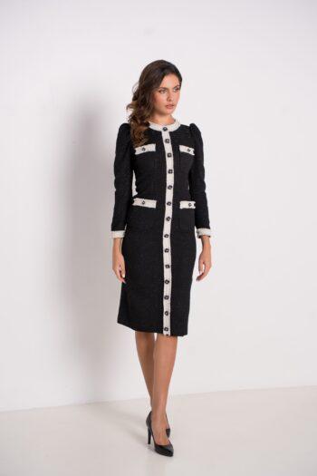 robe en bouclette texturée robe noire couture camélia robe élégante avec boutons bijoux robe noire chic Paris robe en tweed bouclette
