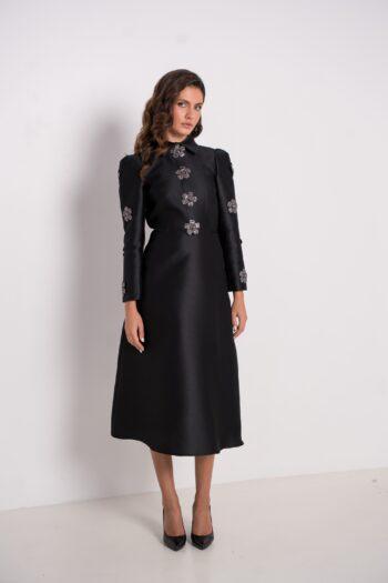 Robe Floralie en faille de soie façon piqué, broderies florales scintillantes – vue avant complète