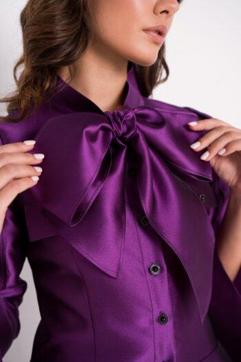Détail du nœud en soie de la robe Faby violet - ÉCAILLE Paris