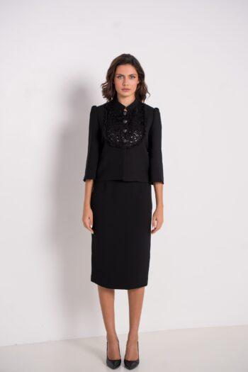 Jacket and skirt Féerie in black crepe - front view"."