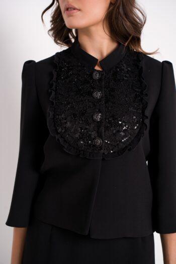 Féerie jacket and skirt in black crepe - close-up front view