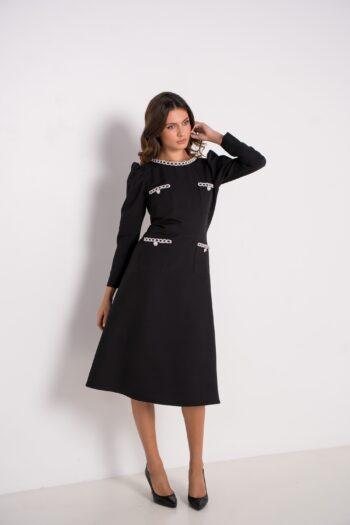 Farah black crepe dress with silver jewelled braids - front