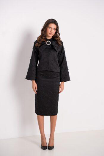 Chaqueta y falda Facette en jacquard de satén negro bordado - vista frontal