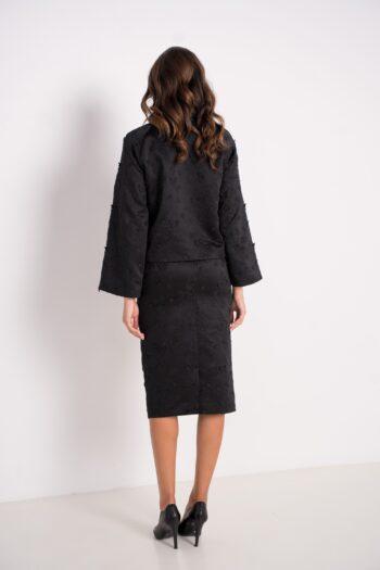 Chaqueta y falda Facette en jacquard satinado negro bordado - espalda