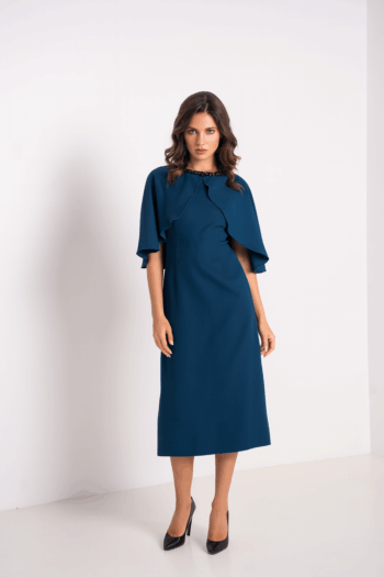 robe florilège bleue avec cape vue de face