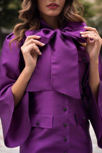 Détail du nœud en soie de la robe Faby violet - ÉCAILLE Paris