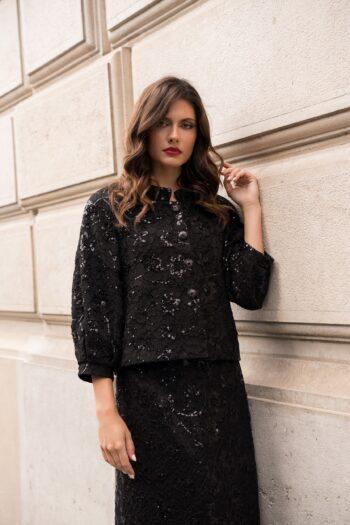 Veste et Jupe Fleuriane en dentelle perlée noire - détails veste et longueur