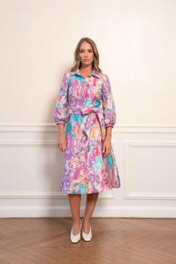 robe brocard imprimé femme vue face midi élégante